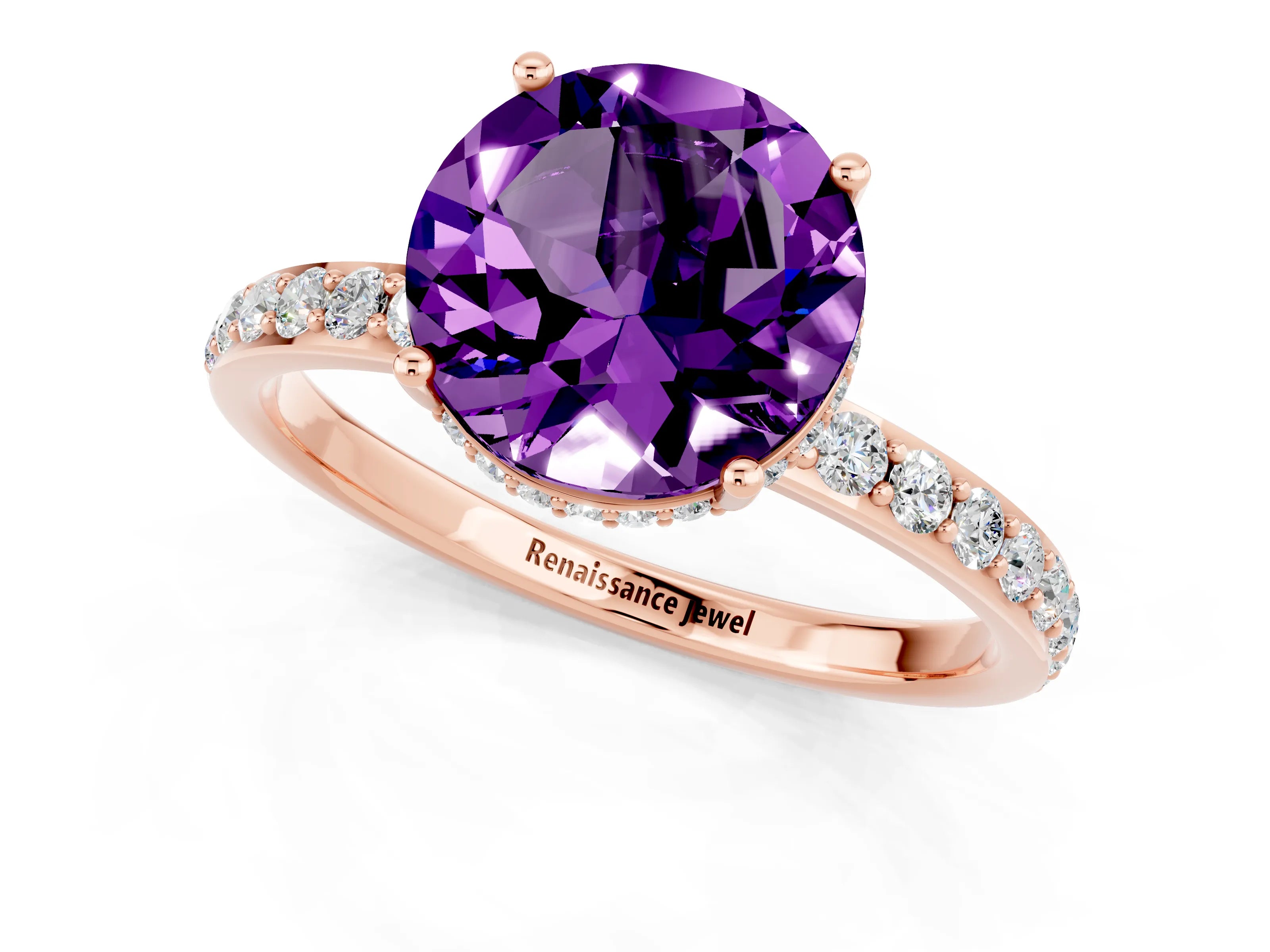 Rose gold Round Cut Amethyst Solitaire Ring with Pavé Band and Hidden Halo_13