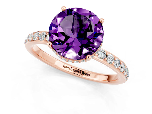 Rose gold Round Cut Amethyst Solitaire Ring with Pavé Band and Hidden Halo