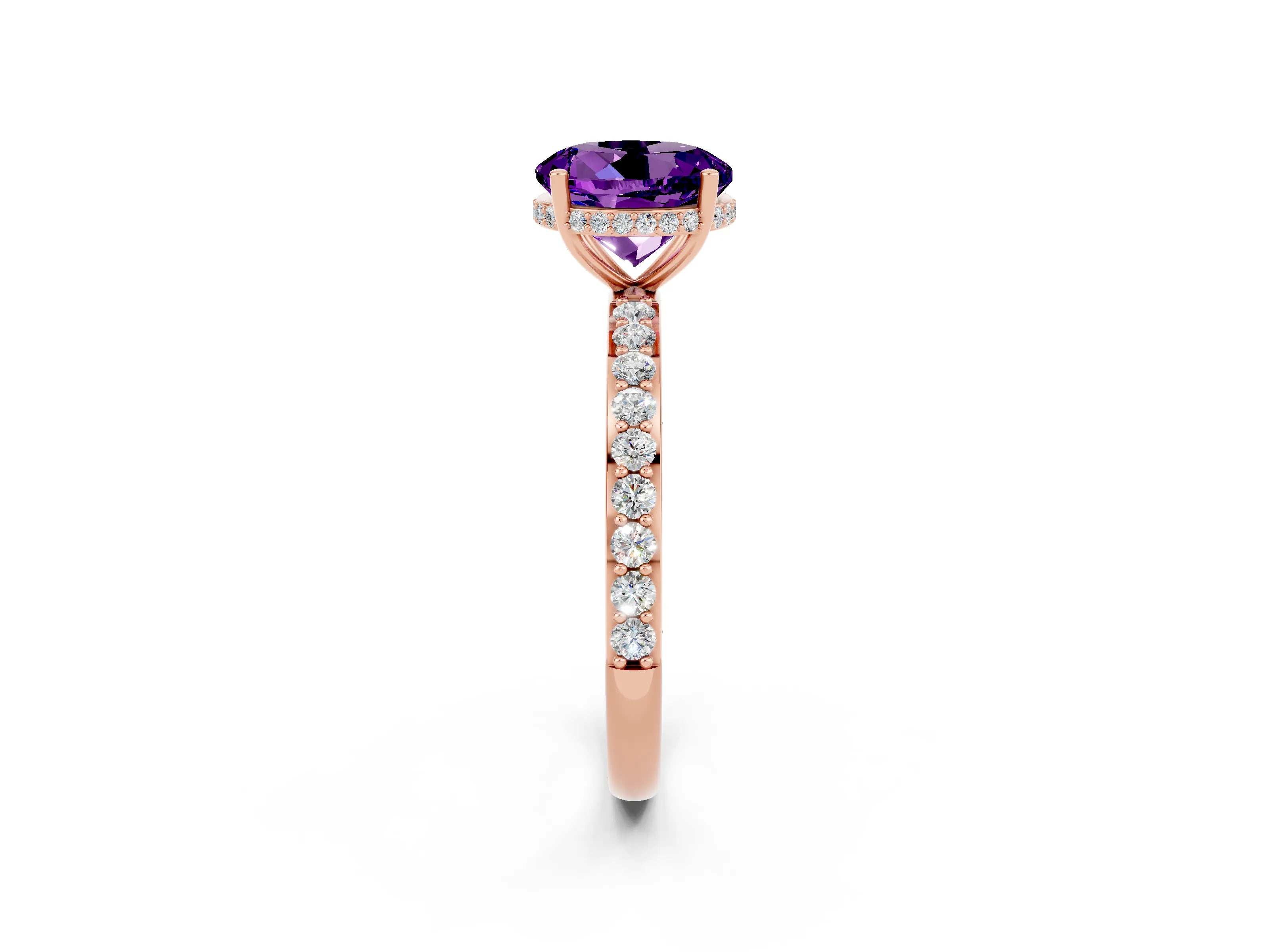 Rose gold Round Cut Amethyst Solitaire Ring with Pavé Band and Hidden Halo_14