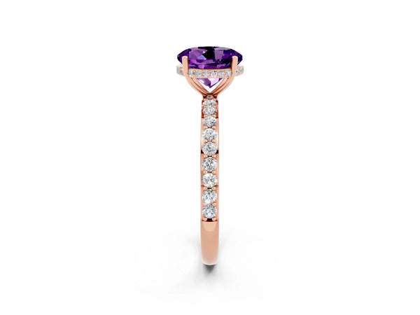Rose gold Round Cut Amethyst Solitaire Ring with Pavé Band and Hidden Halo