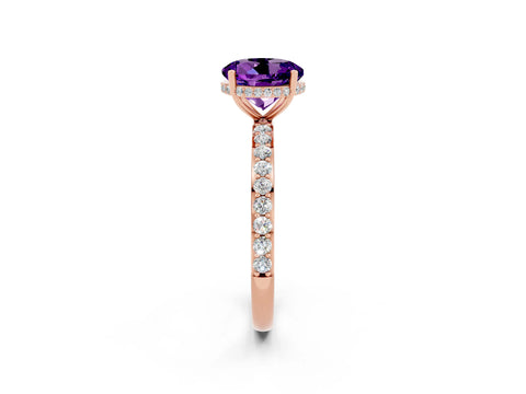 Rose gold Round Cut Amethyst Solitaire Ring with Pavé Band and Hidden Halo_14