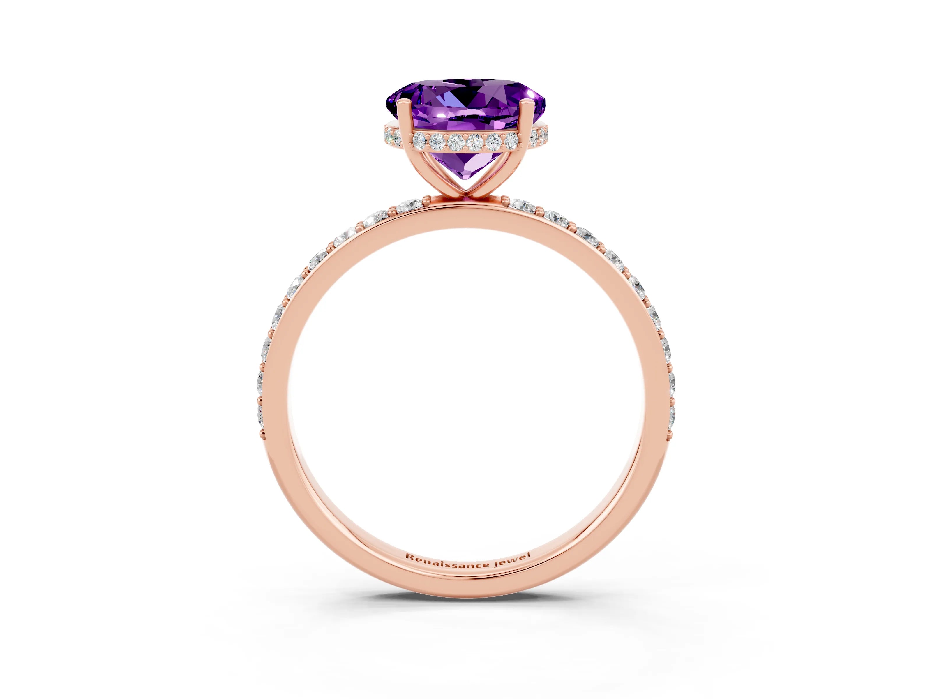 Rose gold Round Cut Amethyst Solitaire Ring with Pavé Band and Hidden Halo_15