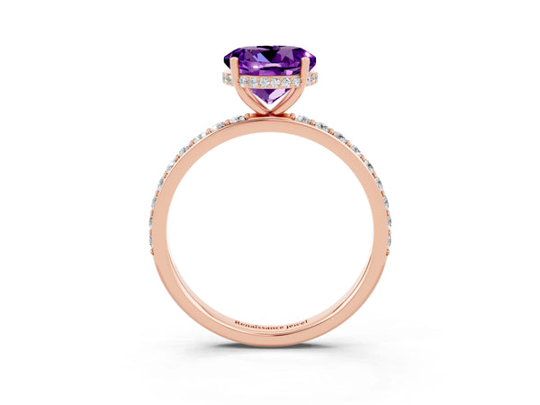 Rose gold Round Cut Amethyst Solitaire Ring with Pavé Band and Hidden Halo