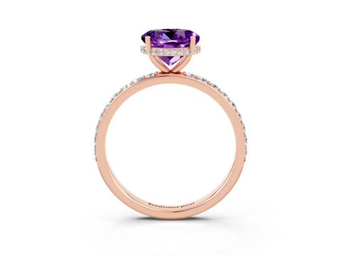 Rose gold Round Cut Amethyst Solitaire Ring with Pavé Band and Hidden Halo_15