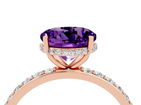 Rose gold Round Cut Amethyst Solitaire Ring with Pavé Band and Hidden Halo_16