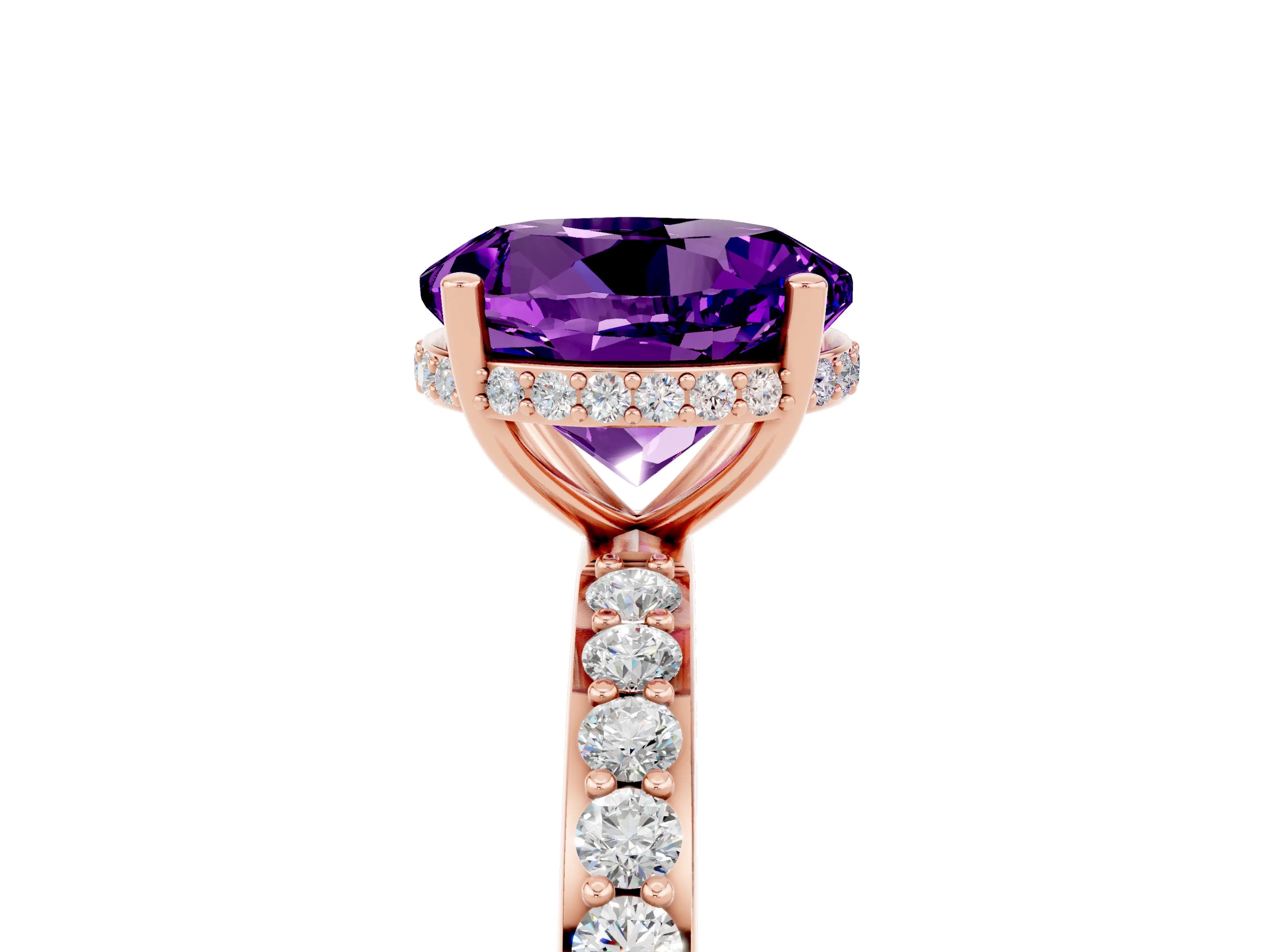 Rose gold Round Cut Amethyst Solitaire Ring with Pavé Band and Hidden Halo_17