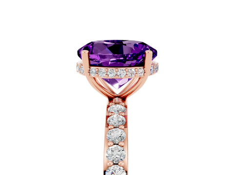 Rose gold Round Cut Amethyst Solitaire Ring with Pavé Band and Hidden Halo_17