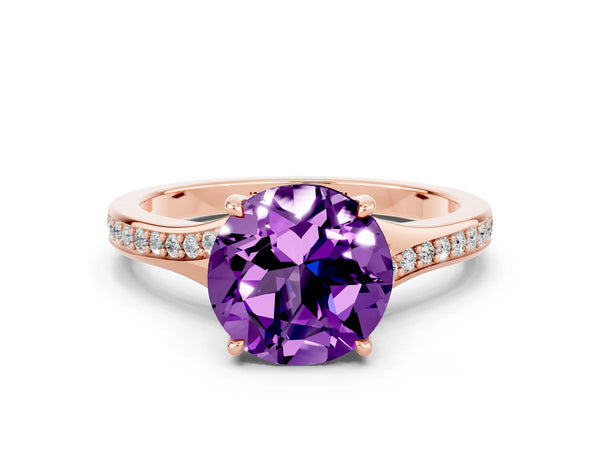 Rose gold Round Cut Amethyst Solitaire Ring with Pavé Band and Prong Setting