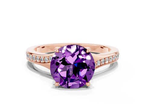 Rose gold Round Cut Amethyst Solitaire Ring with Pavé Band and Prong Setting_12