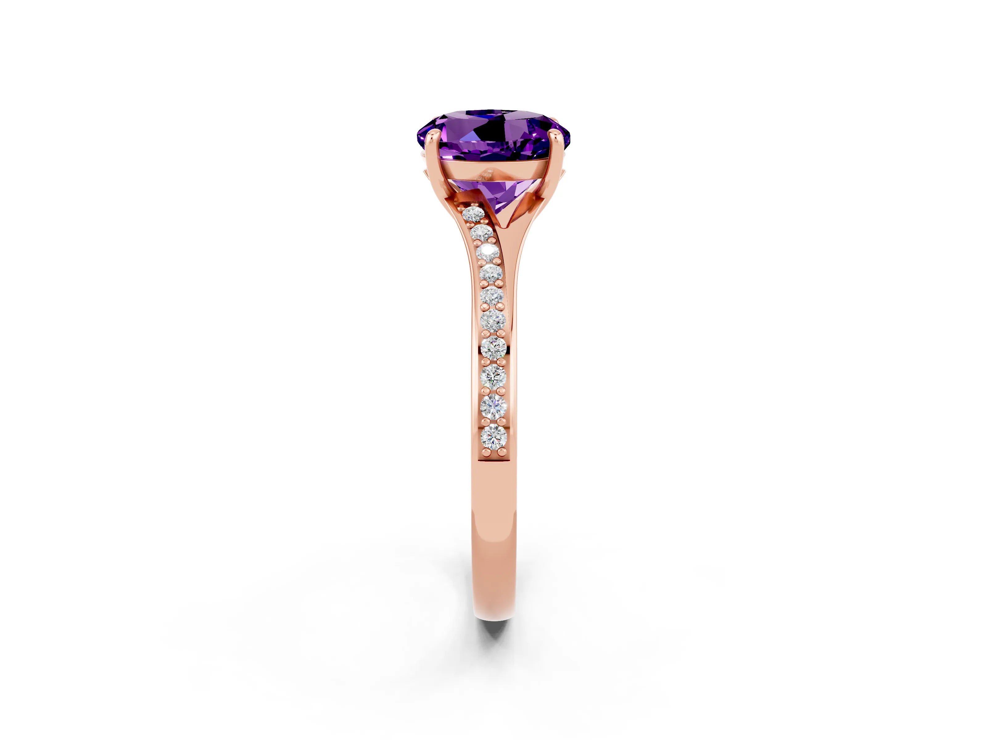 Rose gold Round Cut Amethyst Solitaire Ring with Pavé Band and Prong Setting_14