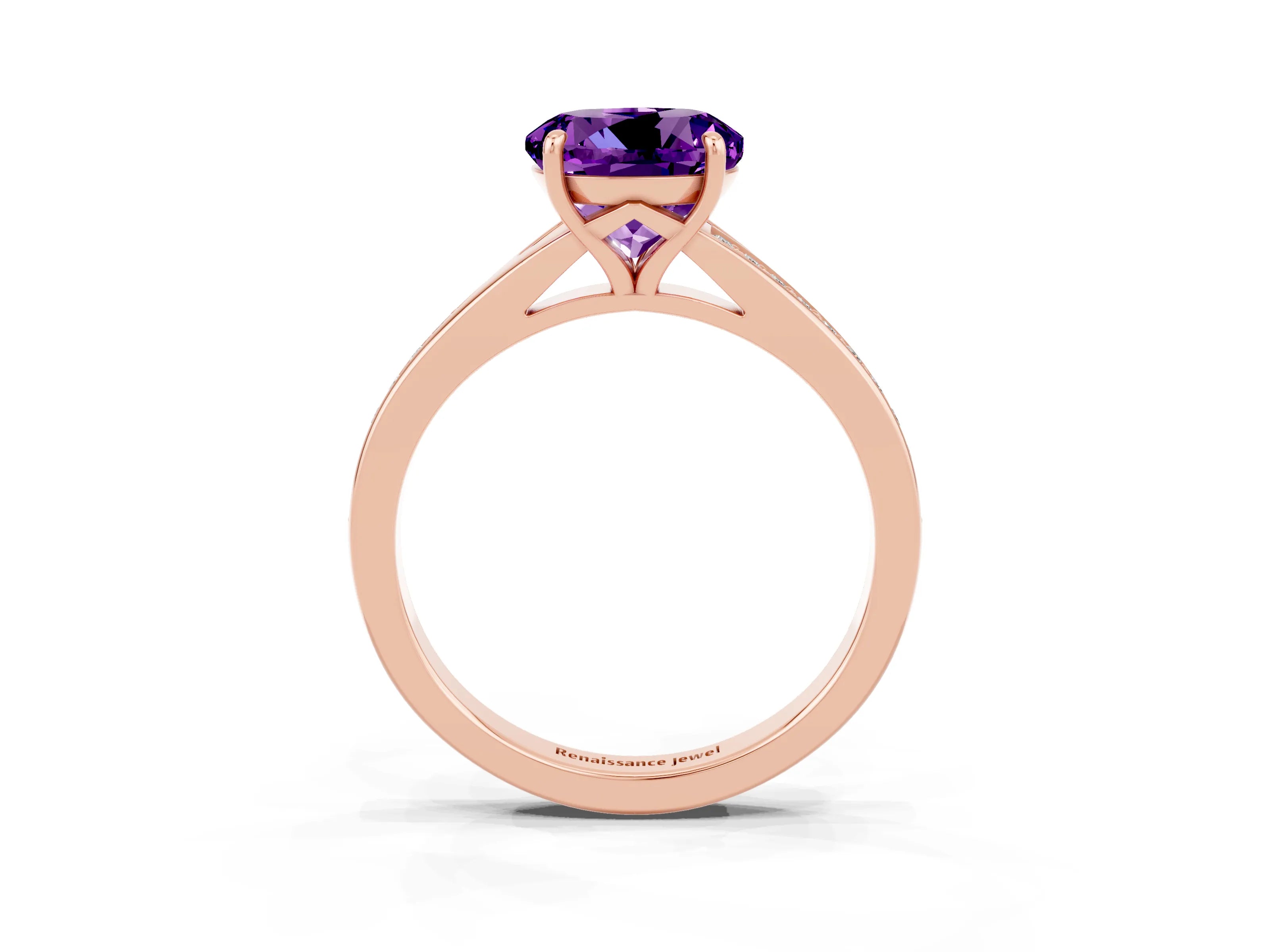 Rose gold Round Cut Amethyst Solitaire Ring with Pavé Band and Prong Setting_15