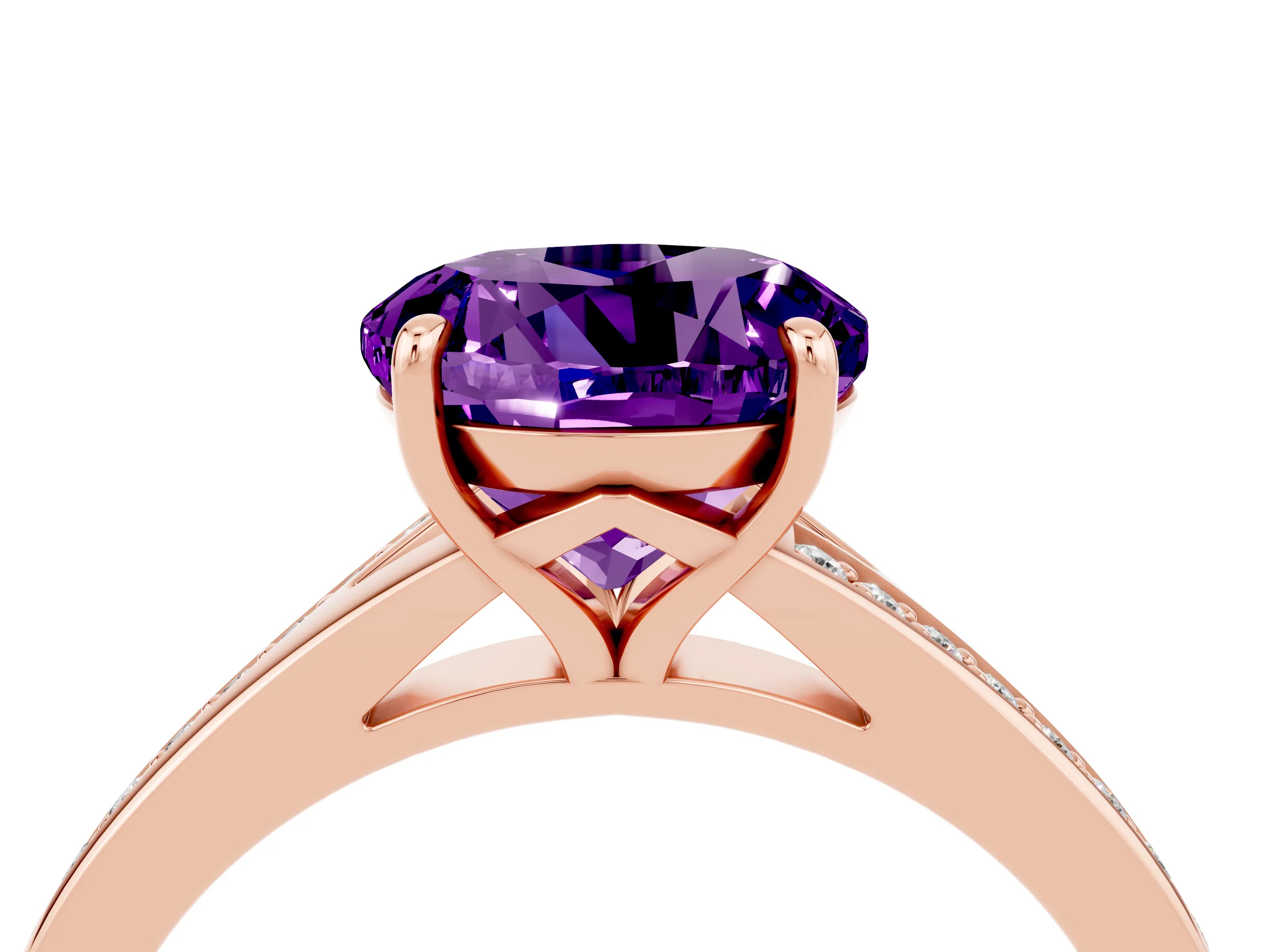 Rose gold Round Cut Amethyst Solitaire Ring with Pavé Band and Prong Setting_16