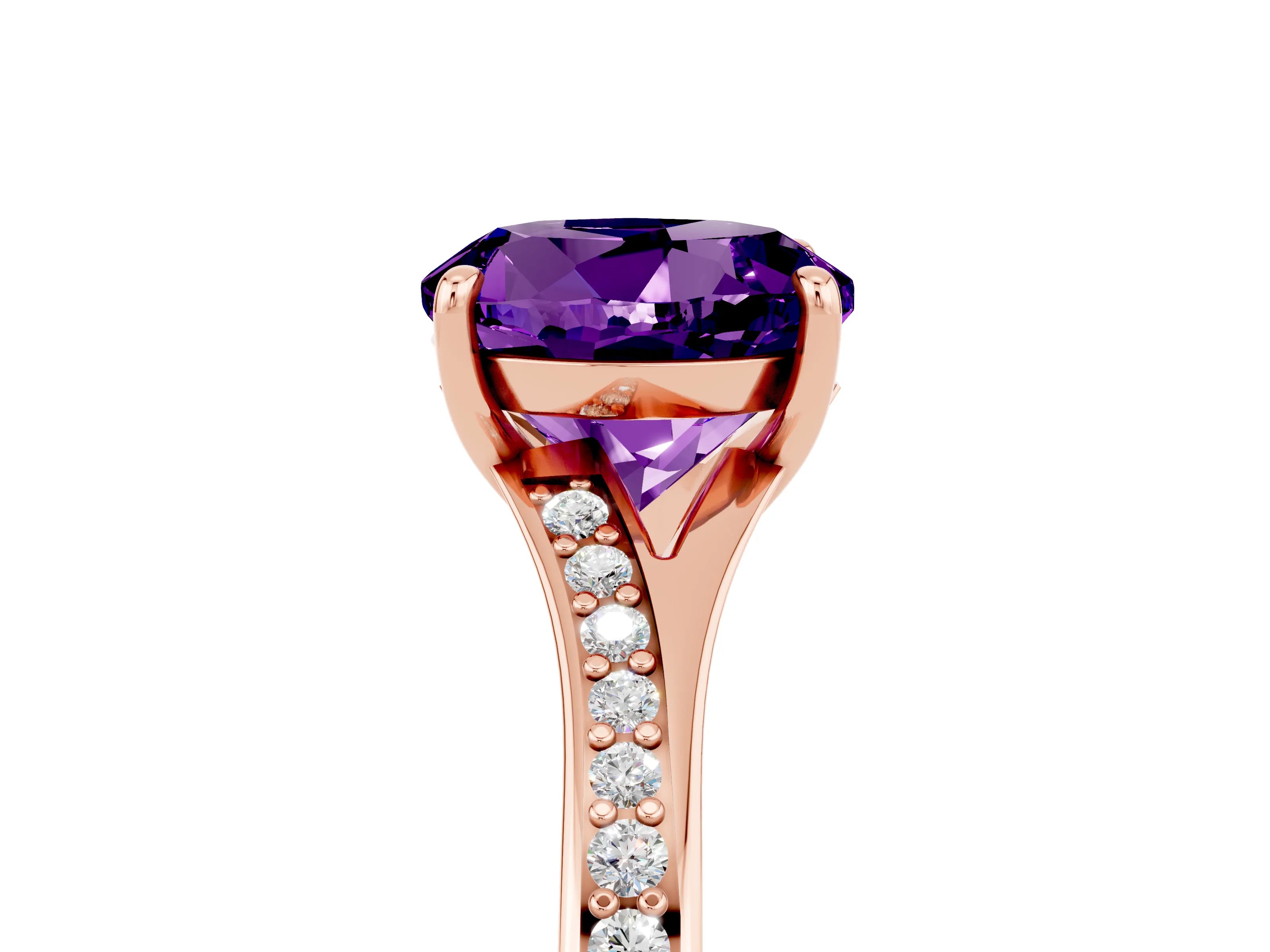 Rose gold Round Cut Amethyst Solitaire Ring with Pavé Band and Prong Setting_17