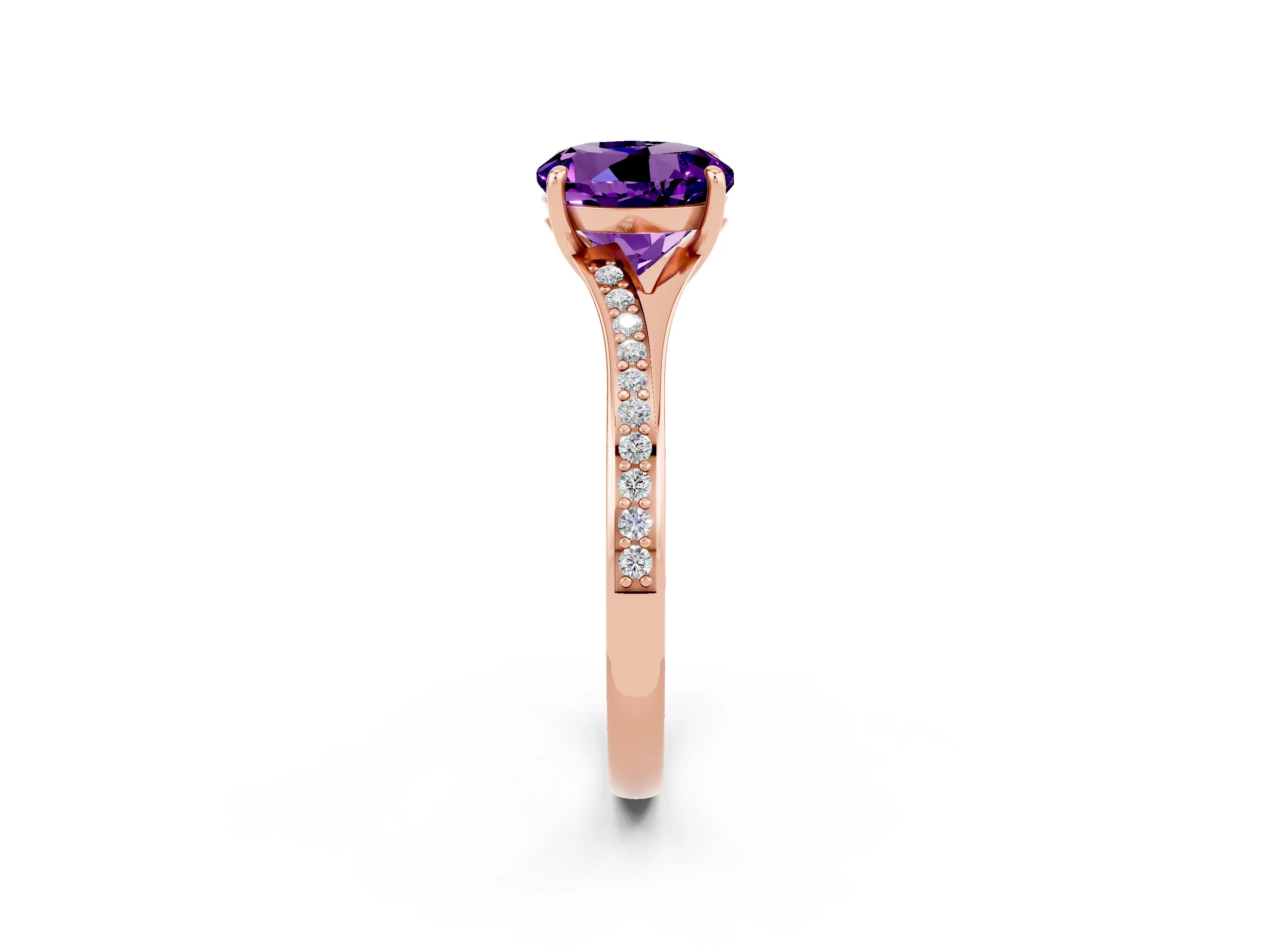 Rose gold Round Cut Amethyst Solitaire Ring with Pavé Band and Prong Setting_2