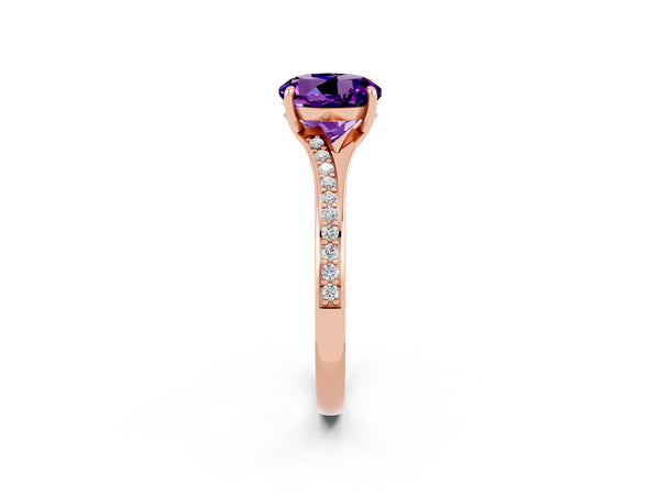 Rose gold Round Cut Amethyst Solitaire Ring with Pavé Band and Prong Setting