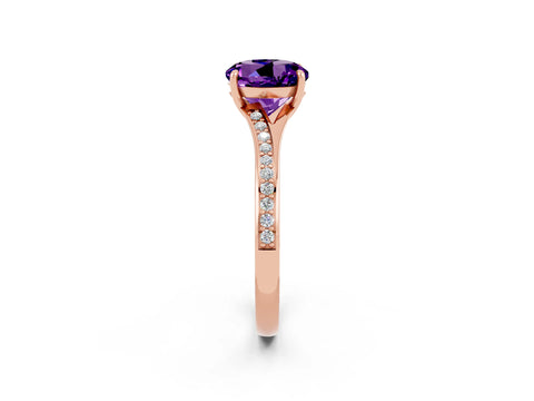 Rose gold Round Cut Amethyst Solitaire Ring with Pavé Band and Prong Setting_2