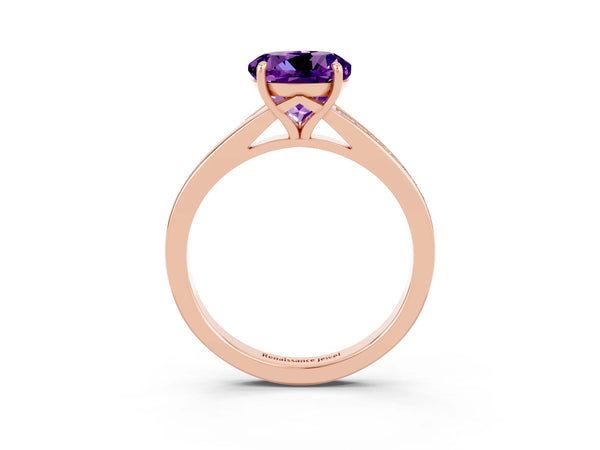 Rose gold Round Cut Amethyst Solitaire Ring with Pavé Band and Prong Setting
