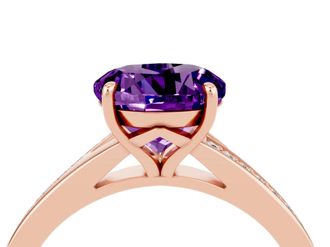 Rose gold Round Cut Amethyst Solitaire Ring with Pavé Band and Prong Setting_4