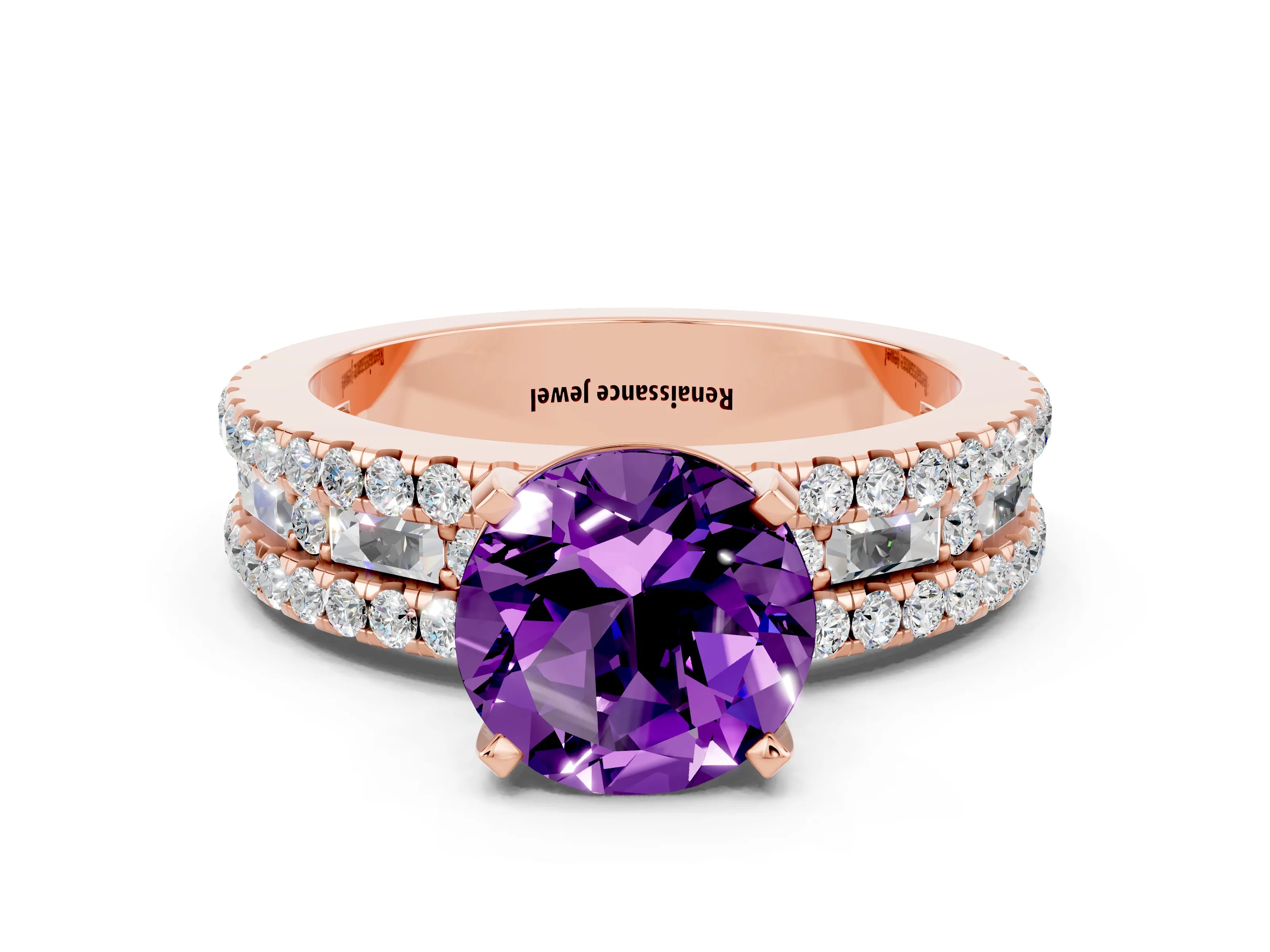 Rose gold Round Cut Amethyst Solitaire Ring with Pavé and Channel Set Band
