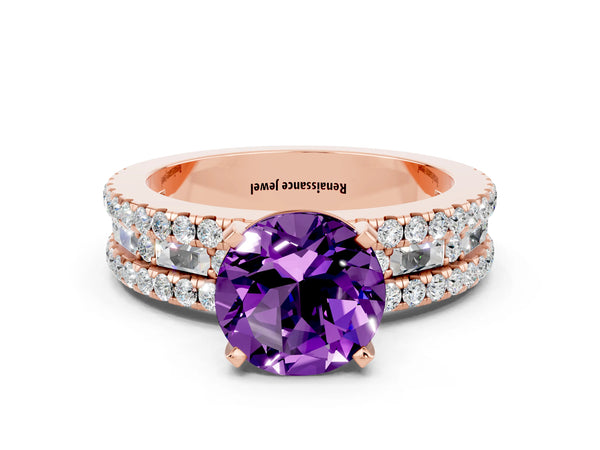 Rose gold Round Cut Amethyst Solitaire Ring with Pavé and Channel Set Band