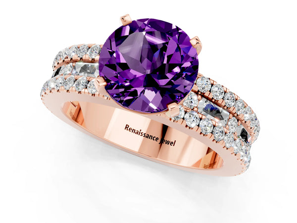 Rose gold Round Cut Amethyst Solitaire Ring with Pavé and Channel Set Band