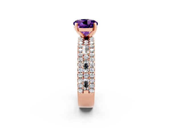 Rose gold Round Cut Amethyst Solitaire Ring with Pavé and Channel Set Band