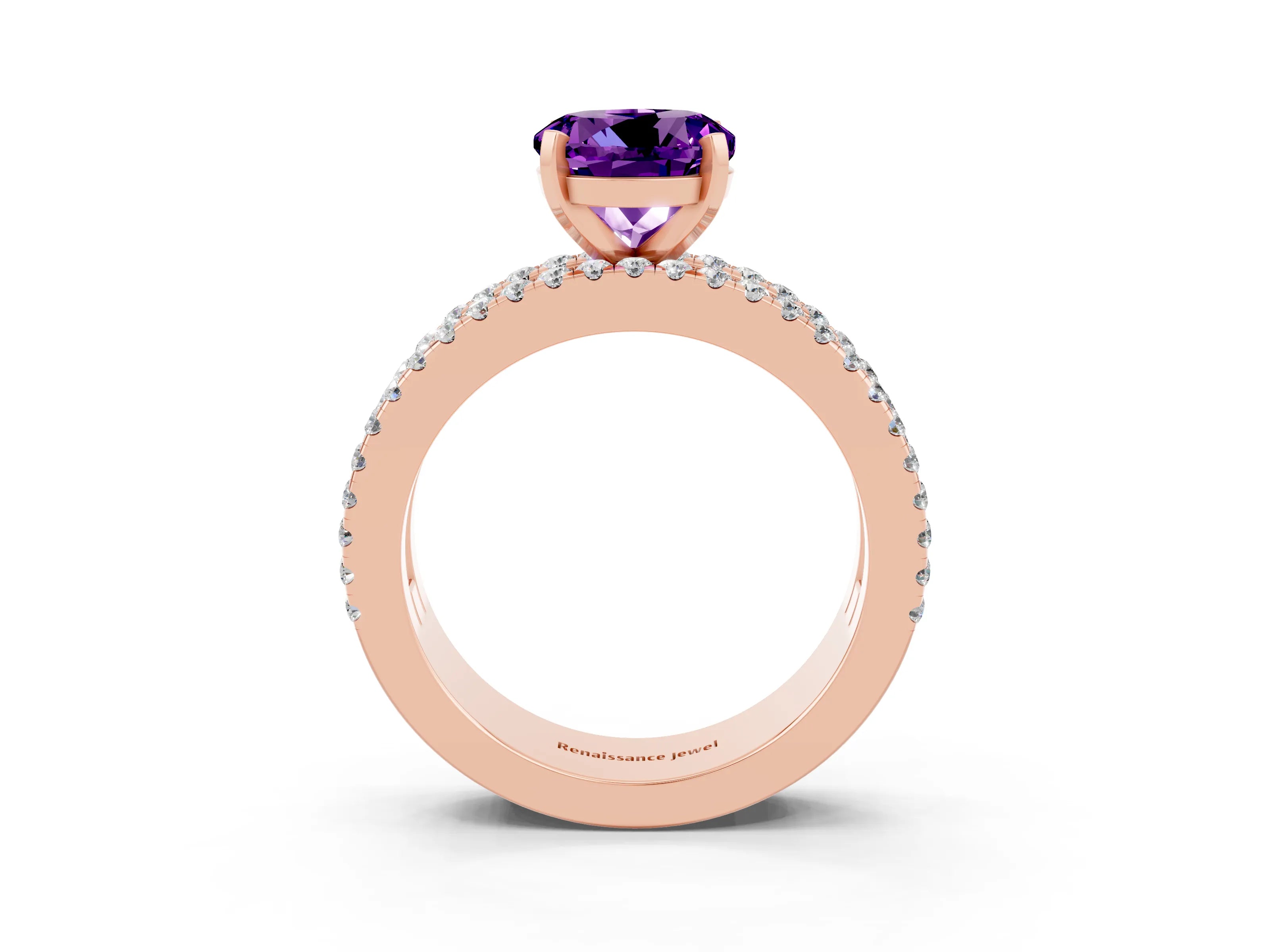 Rose gold Round Cut Amethyst Solitaire Ring with Pavé and Channel Set Band_3