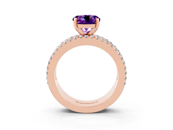 Rose gold Round Cut Amethyst Solitaire Ring with Pavé and Channel Set Band
