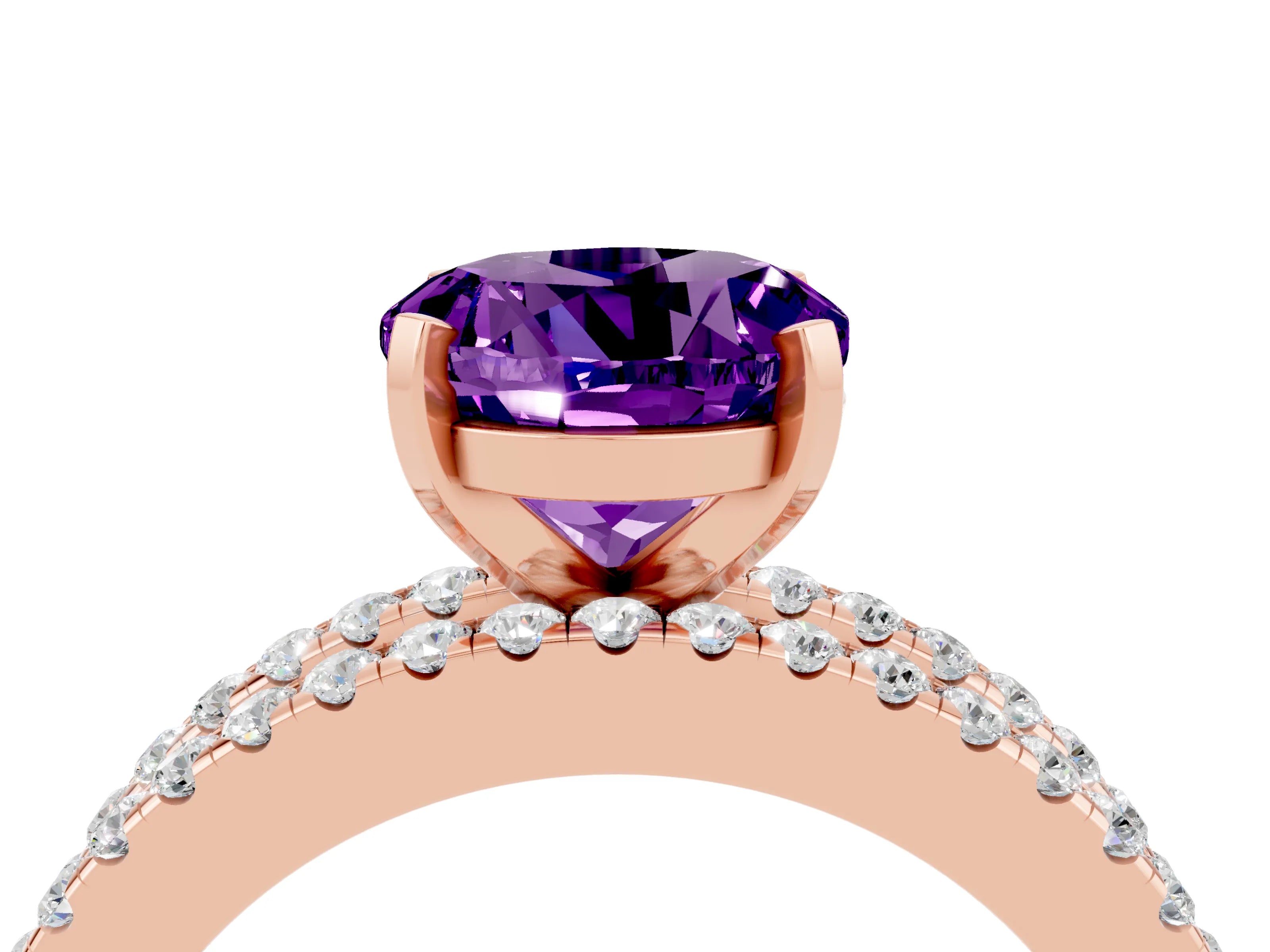 Rose gold Round Cut Amethyst Solitaire Ring with Pavé and Channel Set Band_4