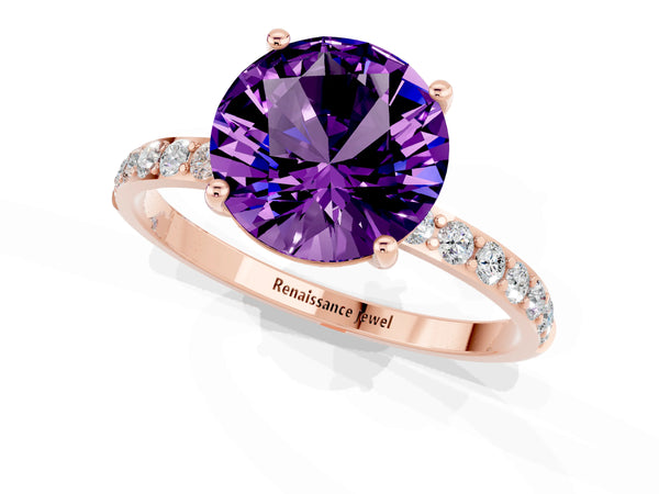 Rose gold Round Cut Amethyst Solitaire Ring with Round  Pavé Band and Prong Setting