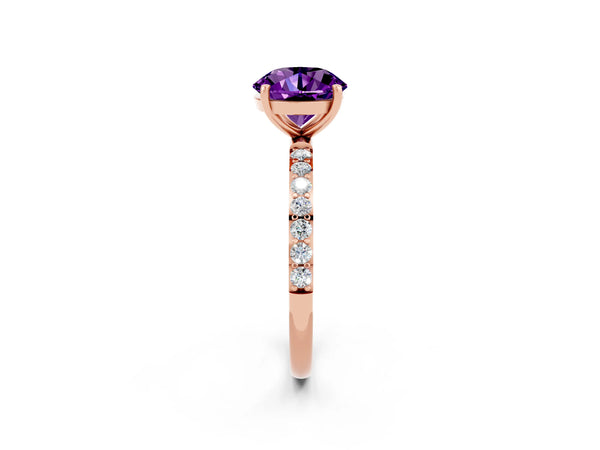 Rose gold Round Cut Amethyst Solitaire Ring with Round  Pavé Band and Prong Setting