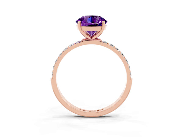 Rose gold Round Cut Amethyst Solitaire Ring with Round  Pavé Band and Prong Setting