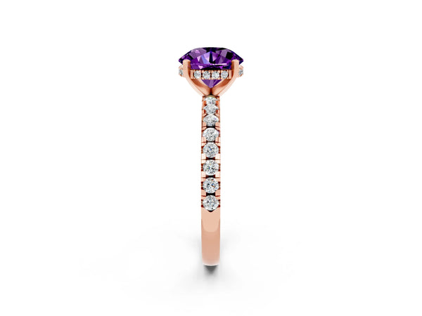 Rose Gold Round Amethyst Hidden Halo Engagement Ring with Pave Band