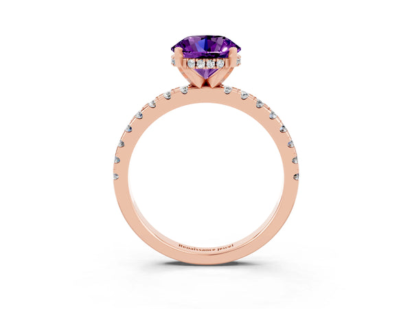 Rose Gold Round Amethyst Hidden Halo Engagement Ring with Pave Band