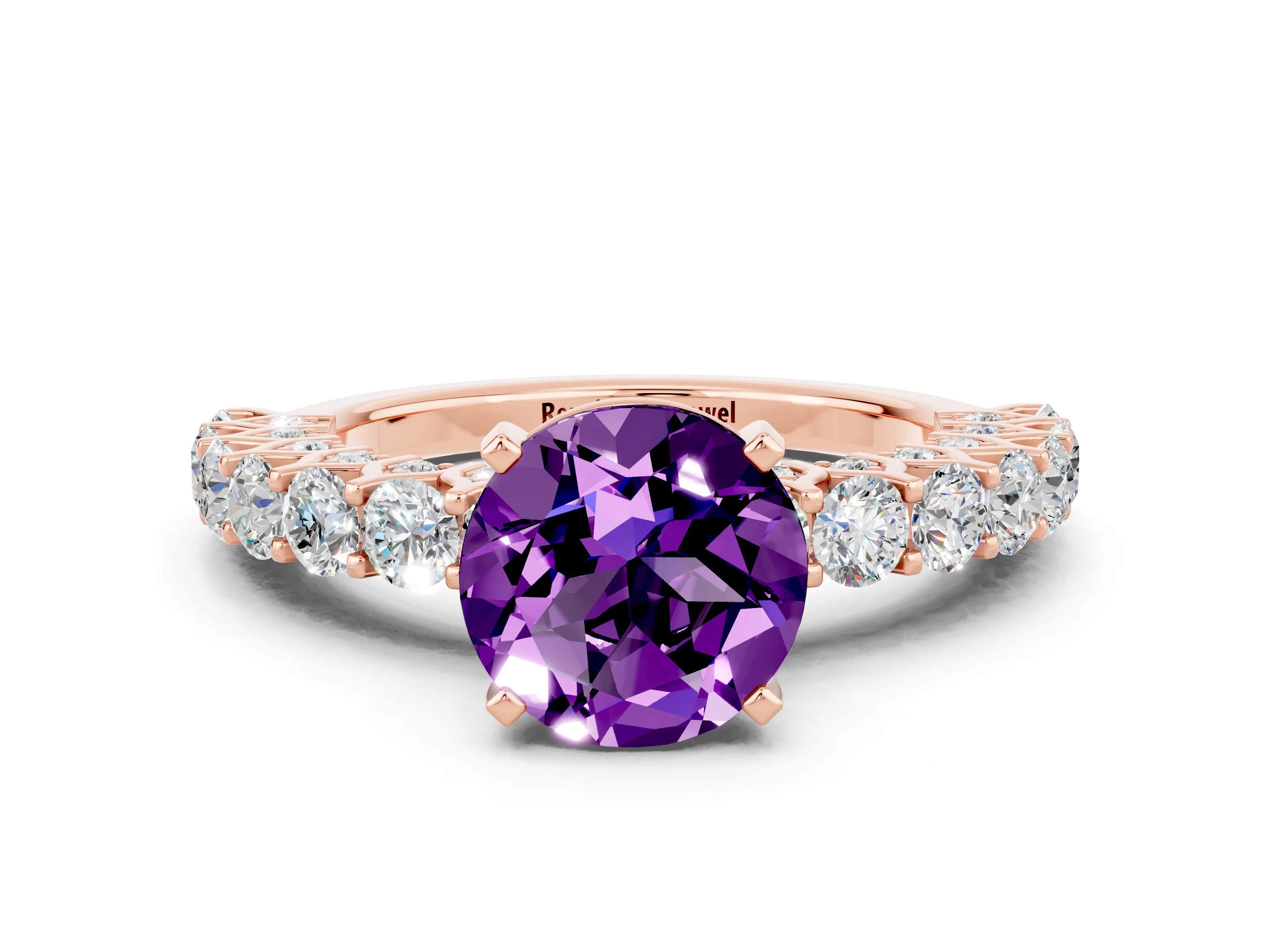 Rose gold Round Cut Amethyst Solitaire Ring with Shared Prong Pavé Band and Four-Prong Setting