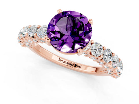 Rose gold Round Cut Amethyst Solitaire Ring with Shared Prong Pavé Band and Four-Prong Setting_1