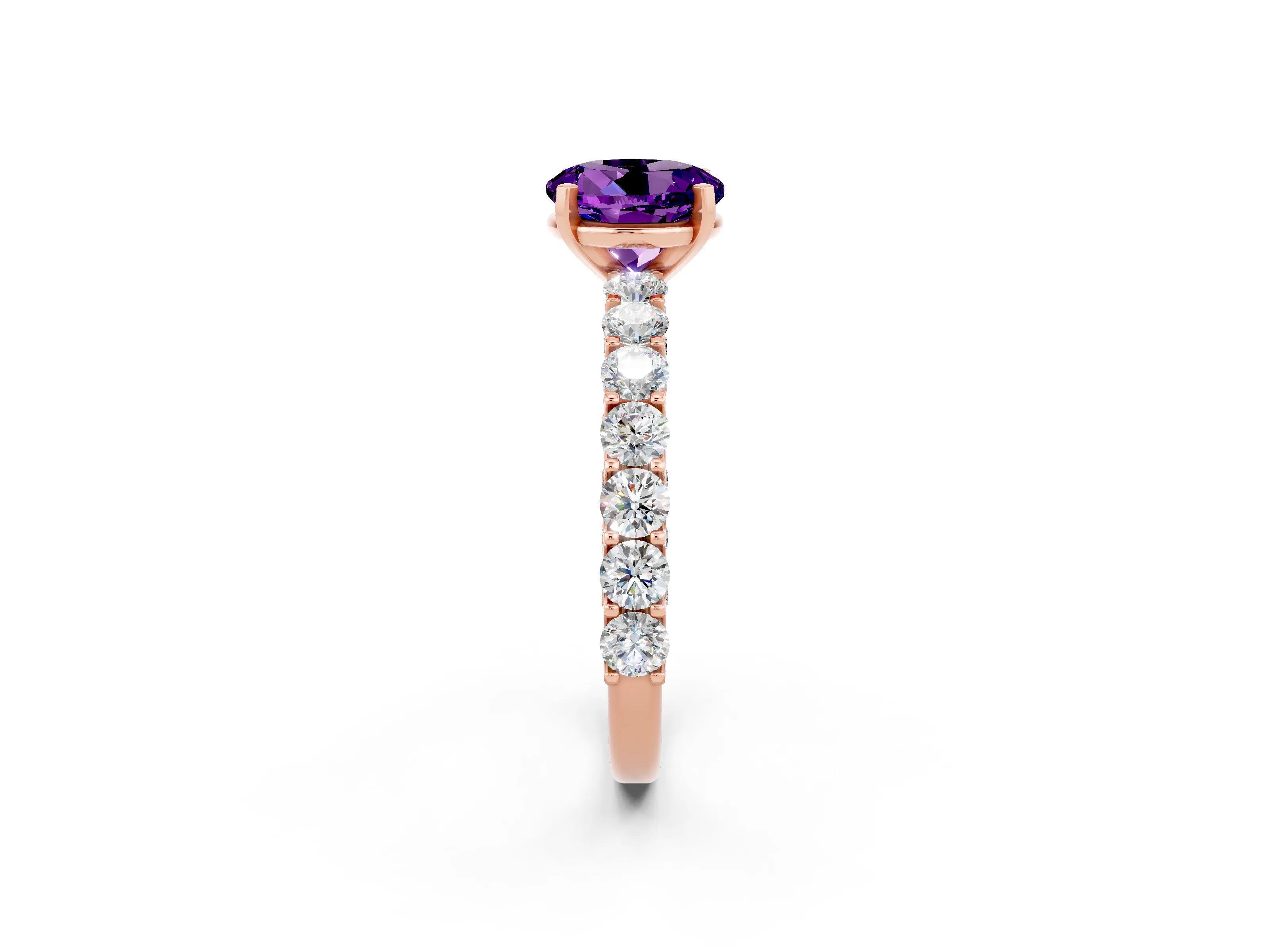 Rose gold Round Cut Amethyst Solitaire Ring with Shared Prong Pavé Band and Four-Prong Setting_2