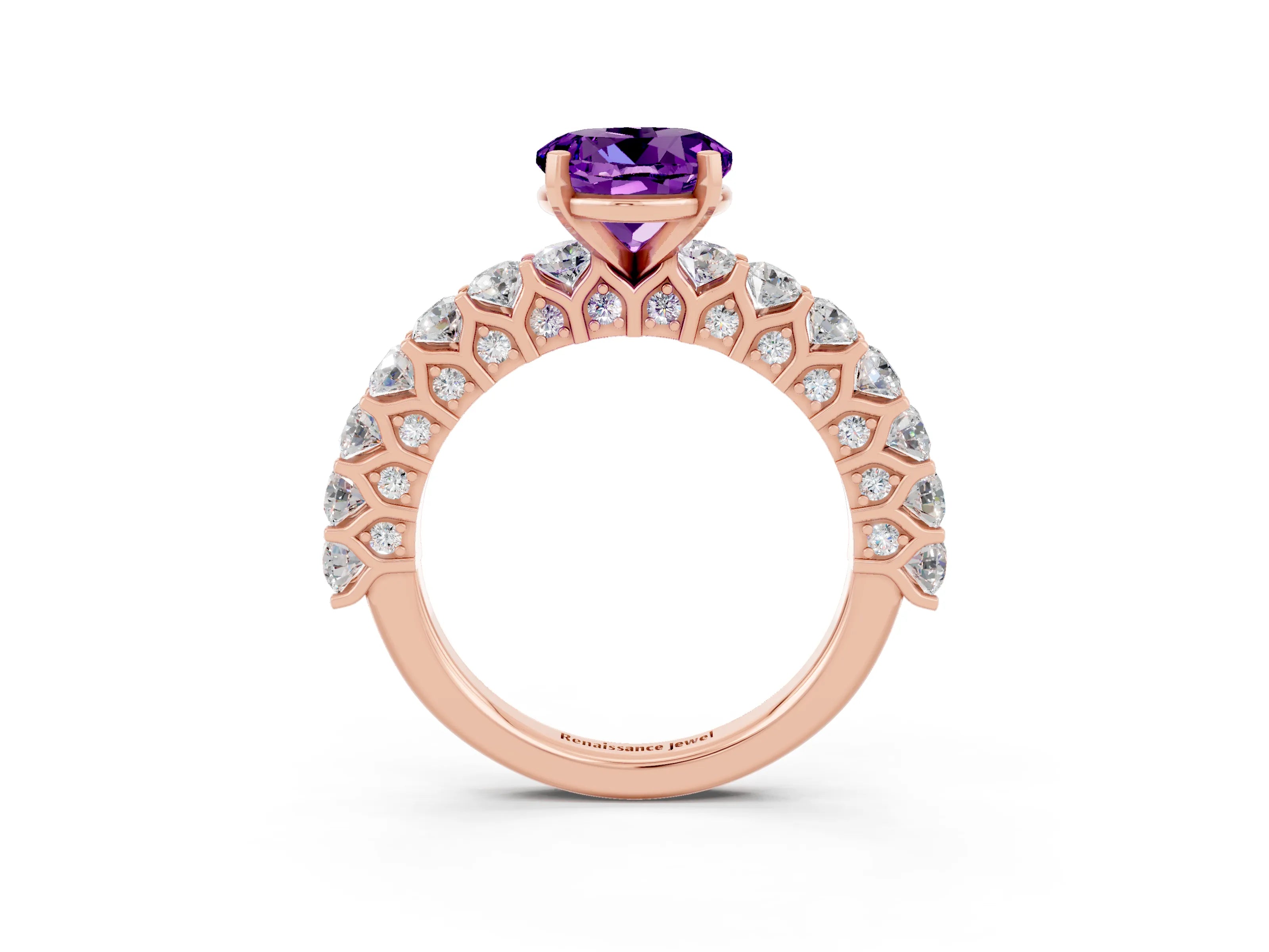 Rose gold Round Cut Amethyst Solitaire Ring with Shared Prong Pavé Band and Four-Prong Setting_3