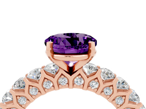 Rose gold Round Cut Amethyst Solitaire Ring with Shared Prong Pavé Band and Four-Prong Setting_4
