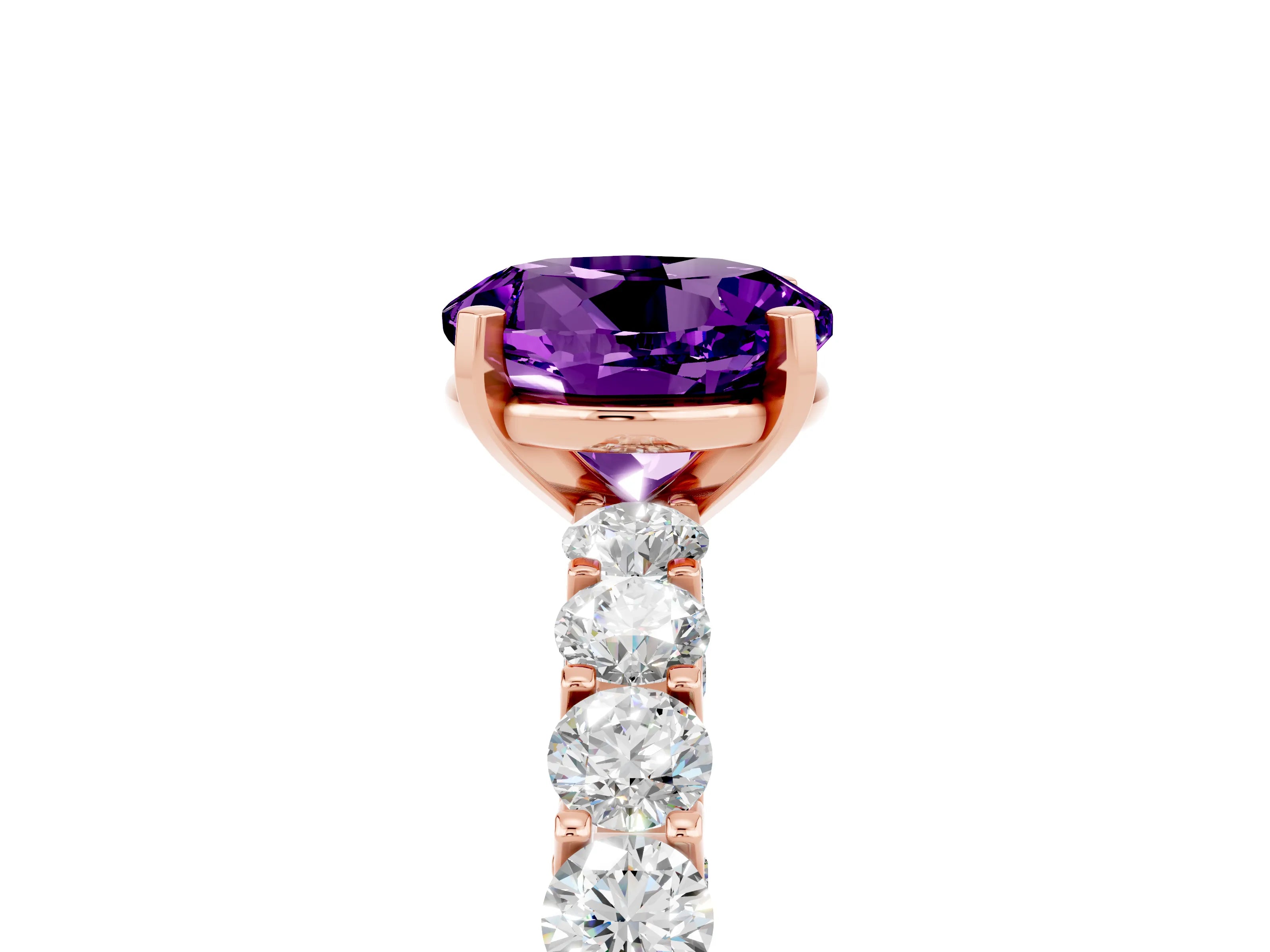 Rose gold Round Cut Amethyst Solitaire Ring with Shared Prong Pavé Band and Four-Prong Setting_5