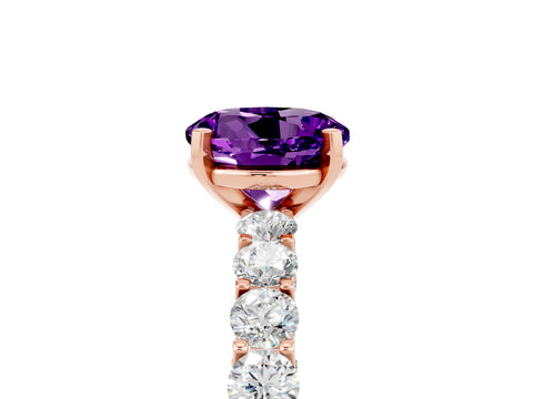 Rose gold Round Cut Amethyst Solitaire Ring with Shared Prong Pavé Band and Four-Prong Setting_5