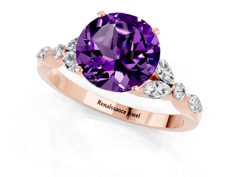 Rose gold Round Cut Amethyst Solitaire Ring with Side Stones and Four-Prong Setting_13