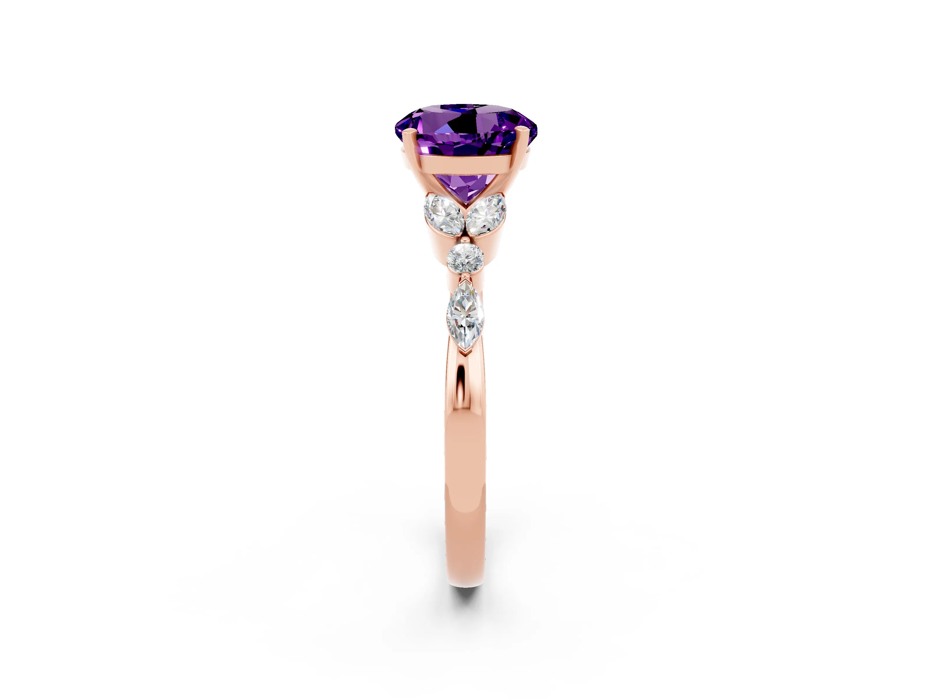 Rose gold Round Cut Amethyst Solitaire Ring with Side Stones and Four-Prong Setting_14