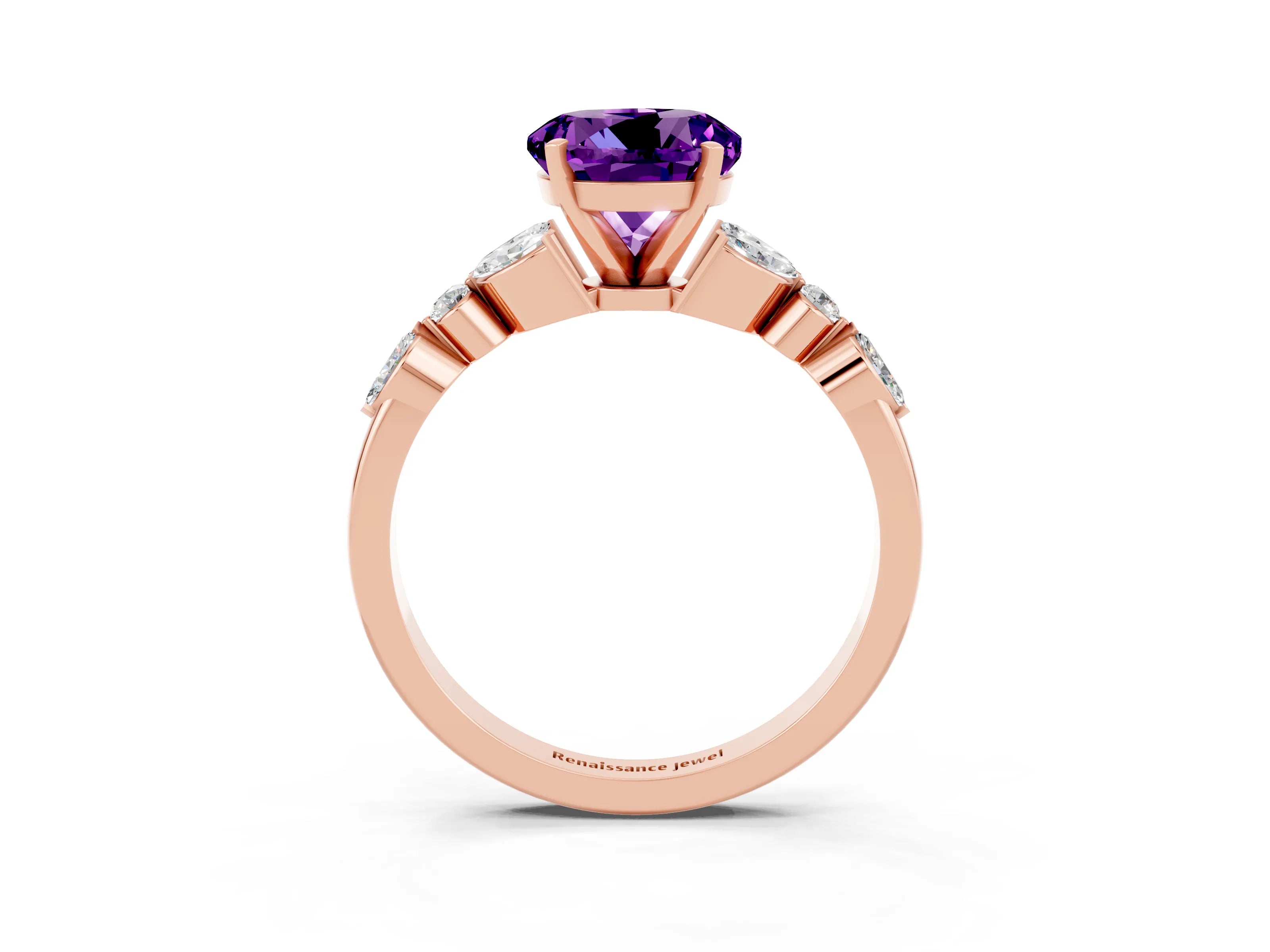 Rose gold Round Cut Amethyst Solitaire Ring with Side Stones and Four-Prong Setting_15