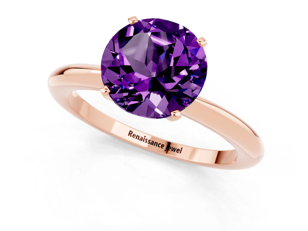 Rose gold Round Cut Amethyst Solitaire Ring with Six-Prong Setting and Classic Band