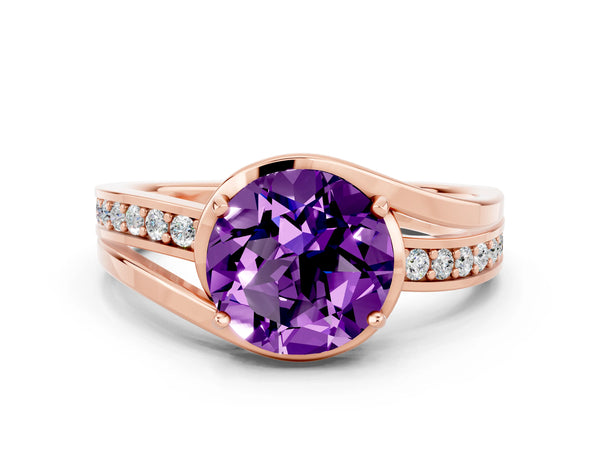 Rose gold Round Cut Amethyst Solitaire Ring with Split Shank and Prong Setting