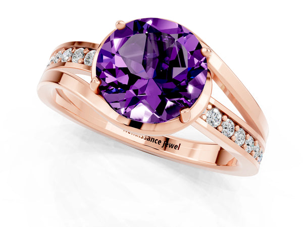 Rose gold Round Cut Amethyst Solitaire Ring with Split Shank and Prong Setting