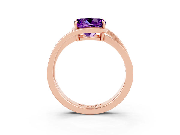 Rose gold Round Cut Amethyst Solitaire Ring with Split Shank and Prong Setting