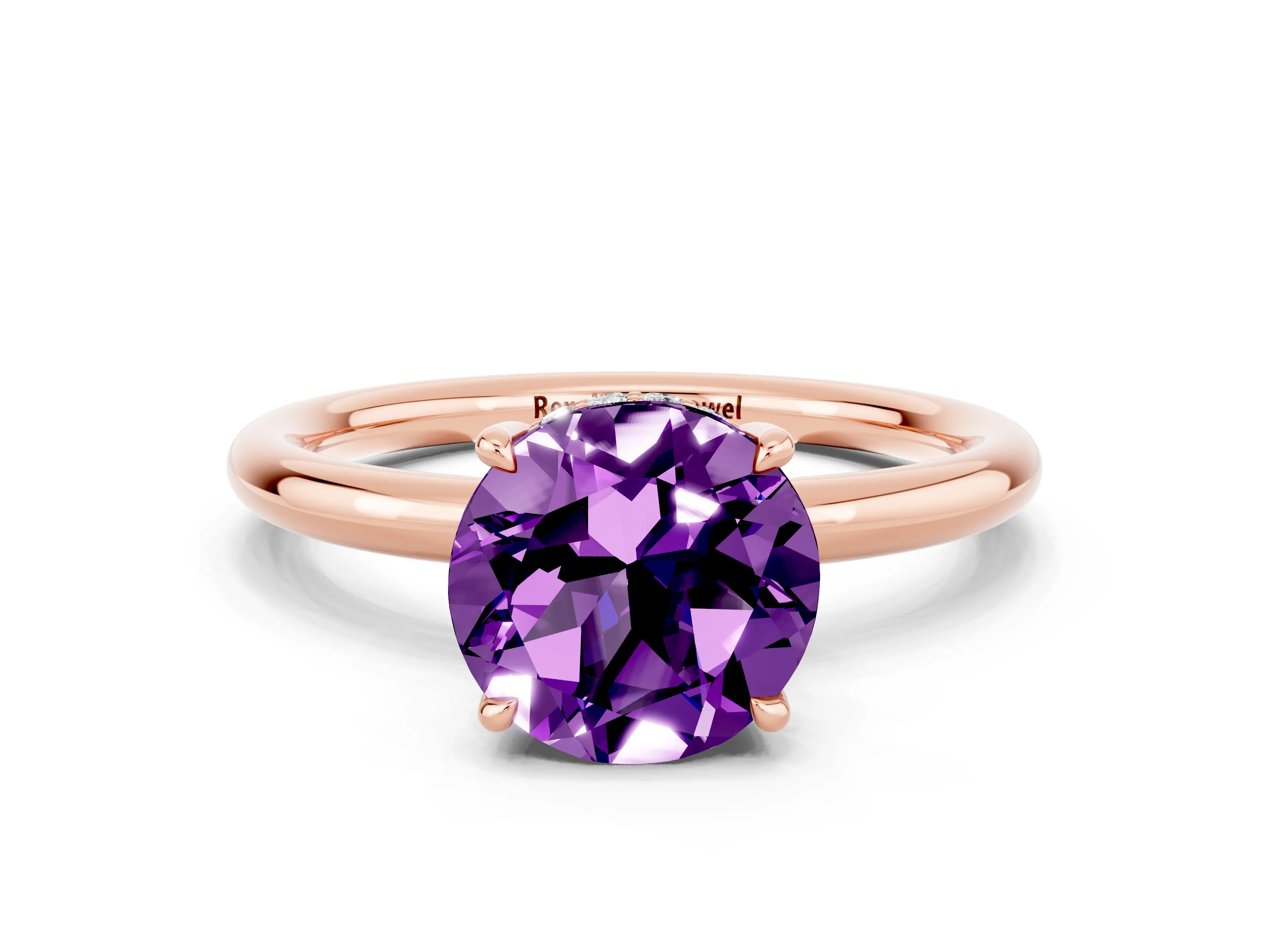 Rose gold Round Cut Amethyst Solitaire Ring with Thin Band and Four-Prong Setting_12