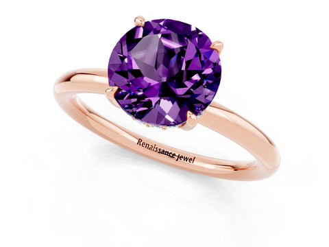 Rose gold Round Cut Amethyst Solitaire Ring with Thin Band and Four-Prong Setting_13